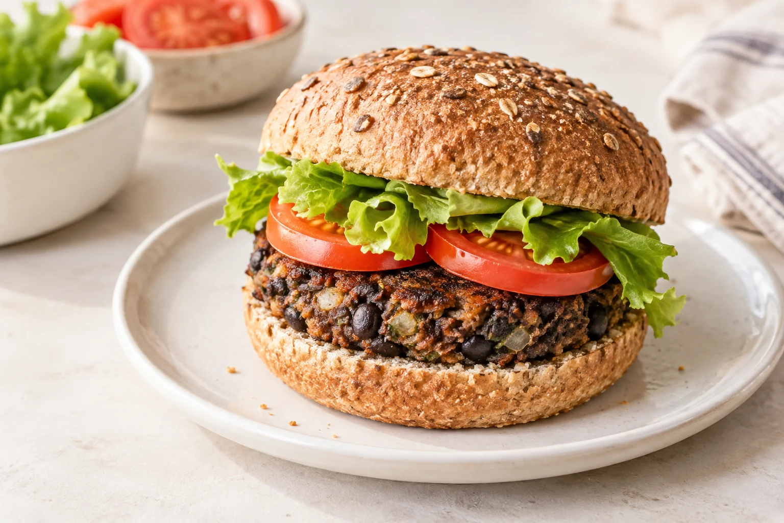 The crispy-edge black bean burger — illustrative serving idea
